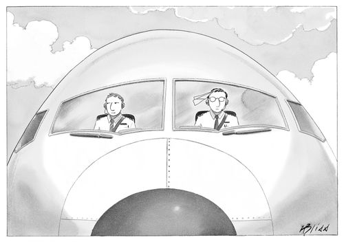Co-pilot smirks at paper airplane stuck in the hair of the pilot