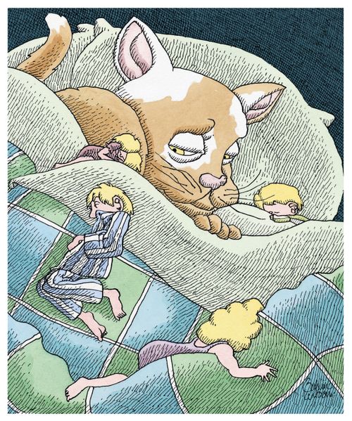 A giant cat sleeps fitfully with four humans on the bed