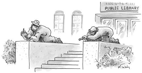 The lion statues in front of New York City Library are replaced with spies.