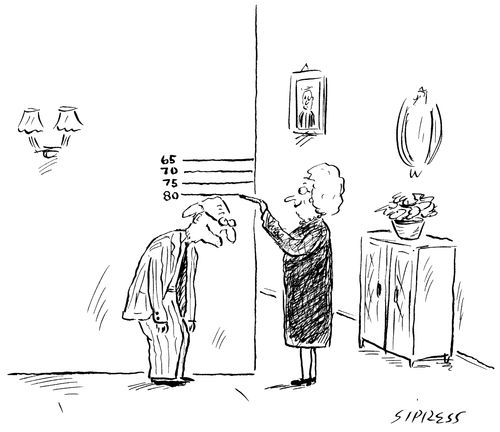 An old woman measuring the decreasing height of an old man using a height chart