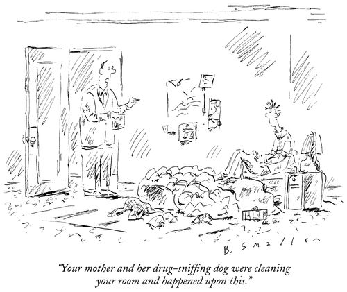 "Your mother and her drug-sniffing dog were cleaning your room and happened upon this."
