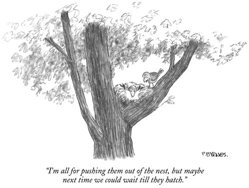 "I'm all for pushing them out of the nest, but maybe next time we could wait till they hatch."