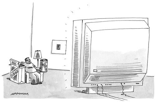 Man watching a huge T.V., while eating a huge box of snacks and drinking a huge can of soda