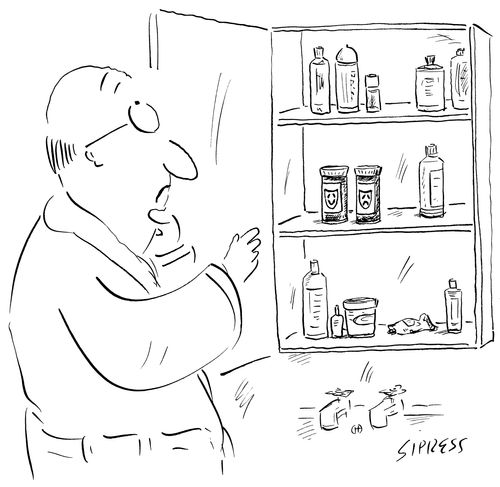 Man opens his medicine cabinet to find two pill bottles with ancient Greek comedy and tragedy masks on them