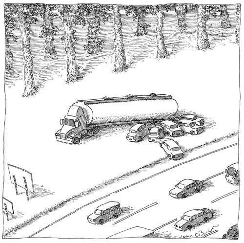 Cars feeding at a gas tanker on the side of the road