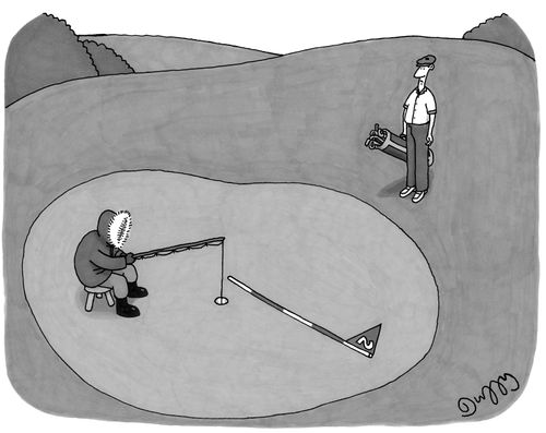 An Eskimo ice fishing on a golf course.