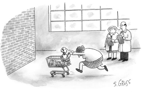 A woman runs a crash test dummy in a shopping cart.