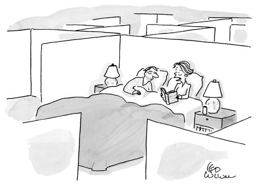 A couple go to sleep in an office cubicle