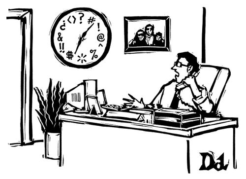 A man stuck at work, talking on the phone while looking at the clock.