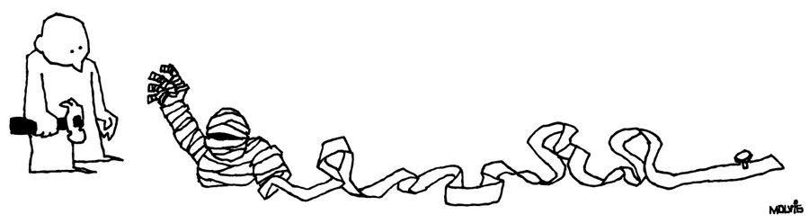 A man holding a hammer watches a mummy unravel itself