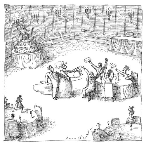 A bride and groom hold their guests up with the wedding cake knife.