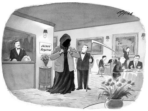 Grim reaper putting on a dinner jacket in order to go into a fancy restaurant where jackets are required