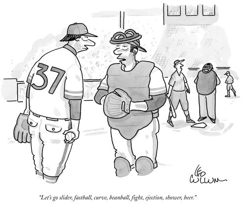 "Let's go slider, fastball, curve, beanball, fight, ejection, shower, beer."
