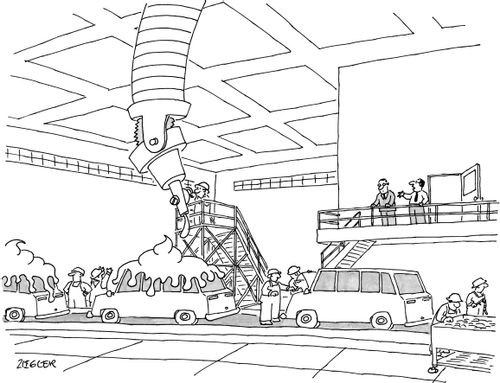 A production line adds condiments to cars