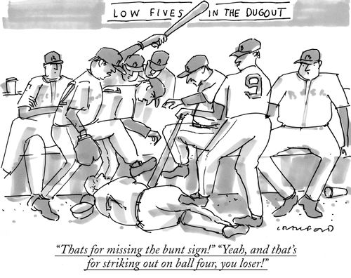 "Thats for missing the bunt sign!" "Yeah, and that's for striking out on ball four, you loser!"