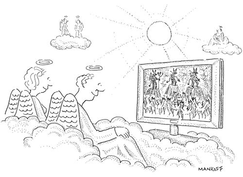 Angels watch hell on a flatscreen.