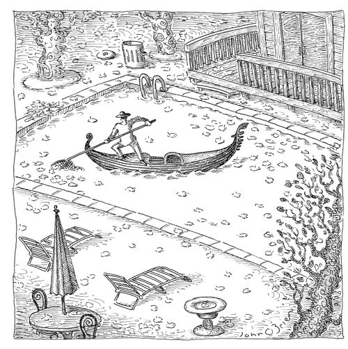 Gondolier skimming up leaves in pool.