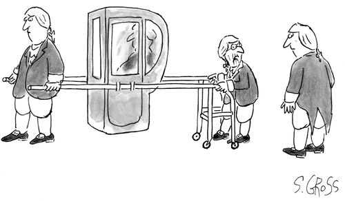 Pensioner carries sedan chair.