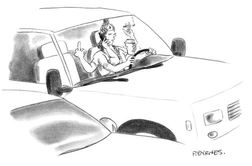 A Hind-style god with many arms drives a car while doing many other things such as smoking, drinking a coffee, and talking on a mobile phone.