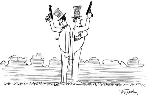 Two men stand back-to-back prepared to duel, but one has stabbed the other in the back preemptively