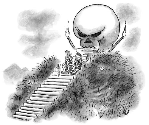 Two men in war bonnets sit in front of a giant skull