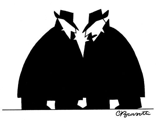 Two men converse secretively
