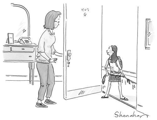 A girl holds a dripping wet lead