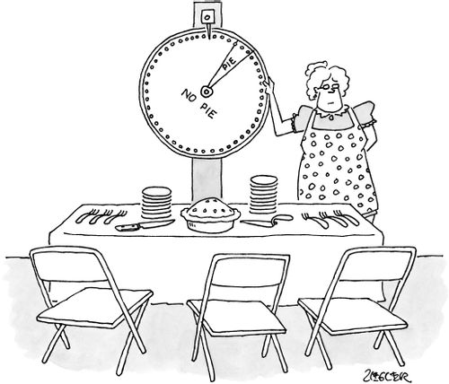 A woman spins a wheel offering 'pie' or 'no pie'.