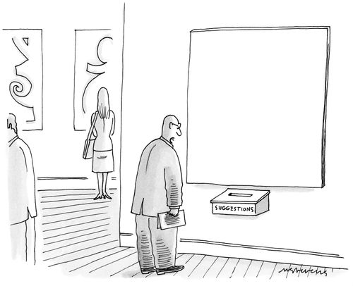 A man in an art gallery stands in front of a blank canvas that has a suggestion box below it.