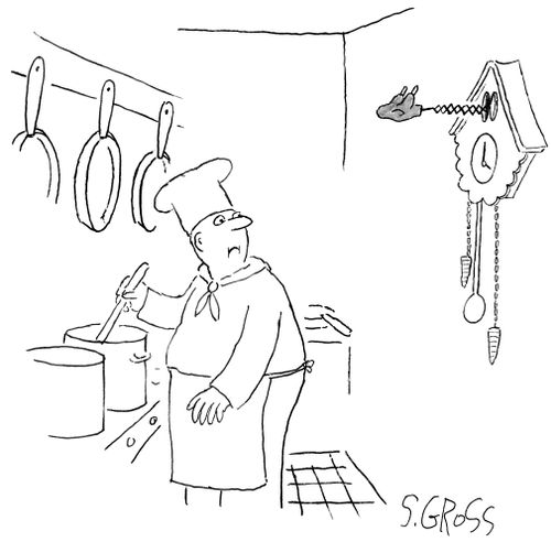 Cuckoo clock in a kitchen with a cooked bird