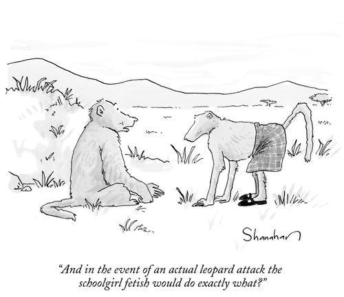 "And in the event of an actual leopard attack the schoolgirl fetish would do exactly what?"