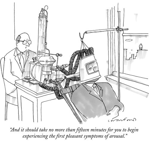 "And it should take no more than fifteen minutes for you to begin experiencing the first pleasant symptoms of arousal."