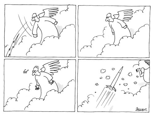 An angel throws a lightning bolt towards Earth;Runs away when a missile comes towards him