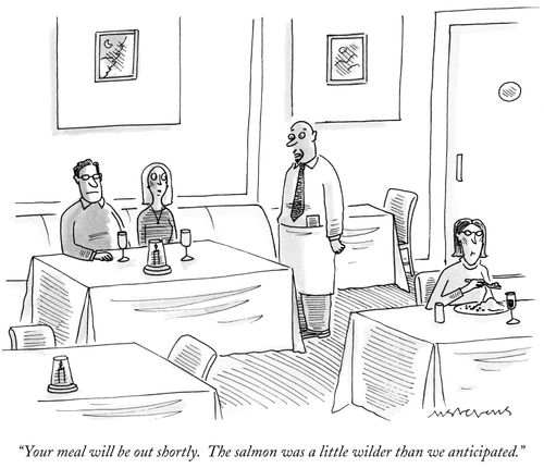 "Your meal will be out shortly. The salmon was a little wilder than we anticipated."