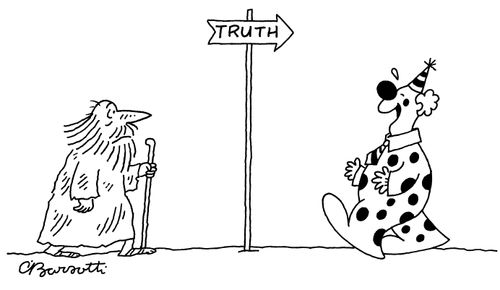 A man seeking truth encounters a clown.