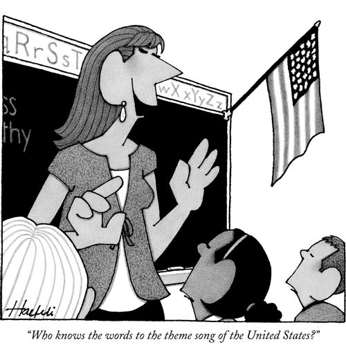 "Who knows the words to the theme song of the United States?"