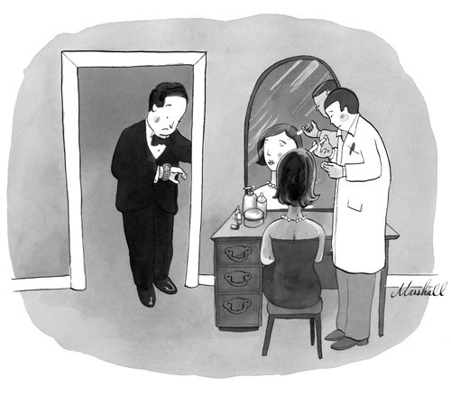 Husband concerned about being late whilst wife has plastic surgery.
