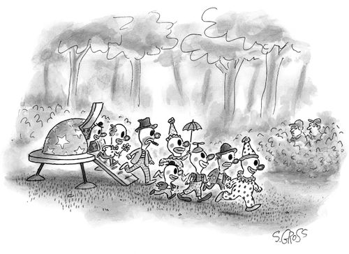 Seven clowns get out of a tiny flying saucer