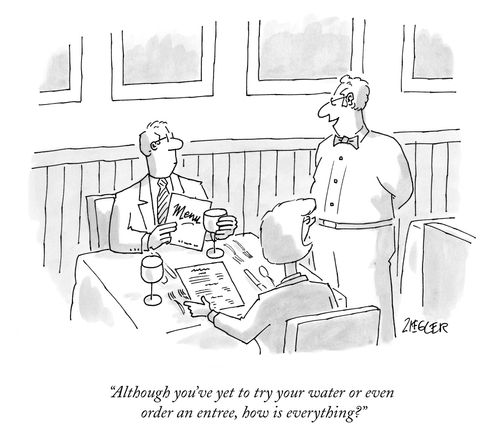 "Although you've yet to try your water or even order an entree, how is everything?"