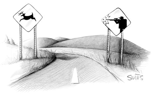 A deer crossing sign running away from a hunter sign