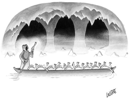 Charon rowing a boat of turkeys to their deaths.