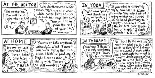 A cartoonist at the doctor, in yoga, at home and in therapy