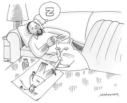 A cat draws a picture of a sleeping man