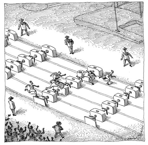 Runners jump over turnstiles