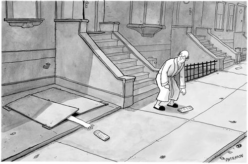 A man in the sewer reaches for his newspaper.