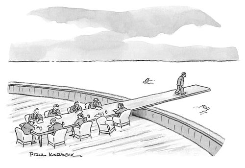 An executive walks the plank during a boardroom meeting.