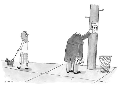 A headless man puts up a poster for his lost head.