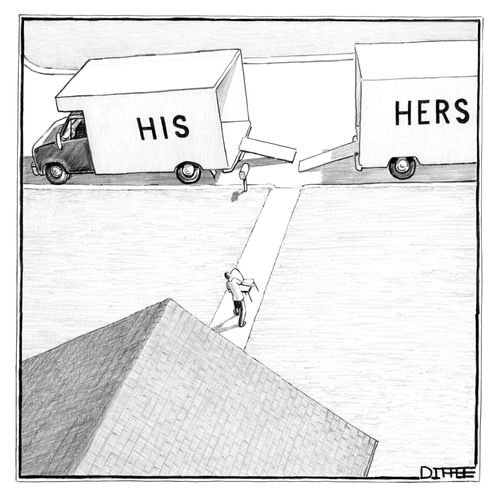 Mover Carrying Furniture to Trucks Saying "His" and "Hers"