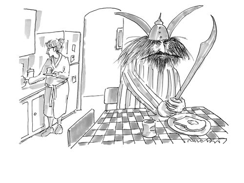 A barbarian warrior eats his breakfast