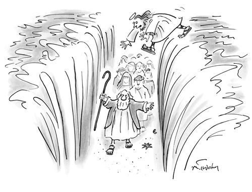 Moses parts the sea causing Jesus, who is walking on water, to fall